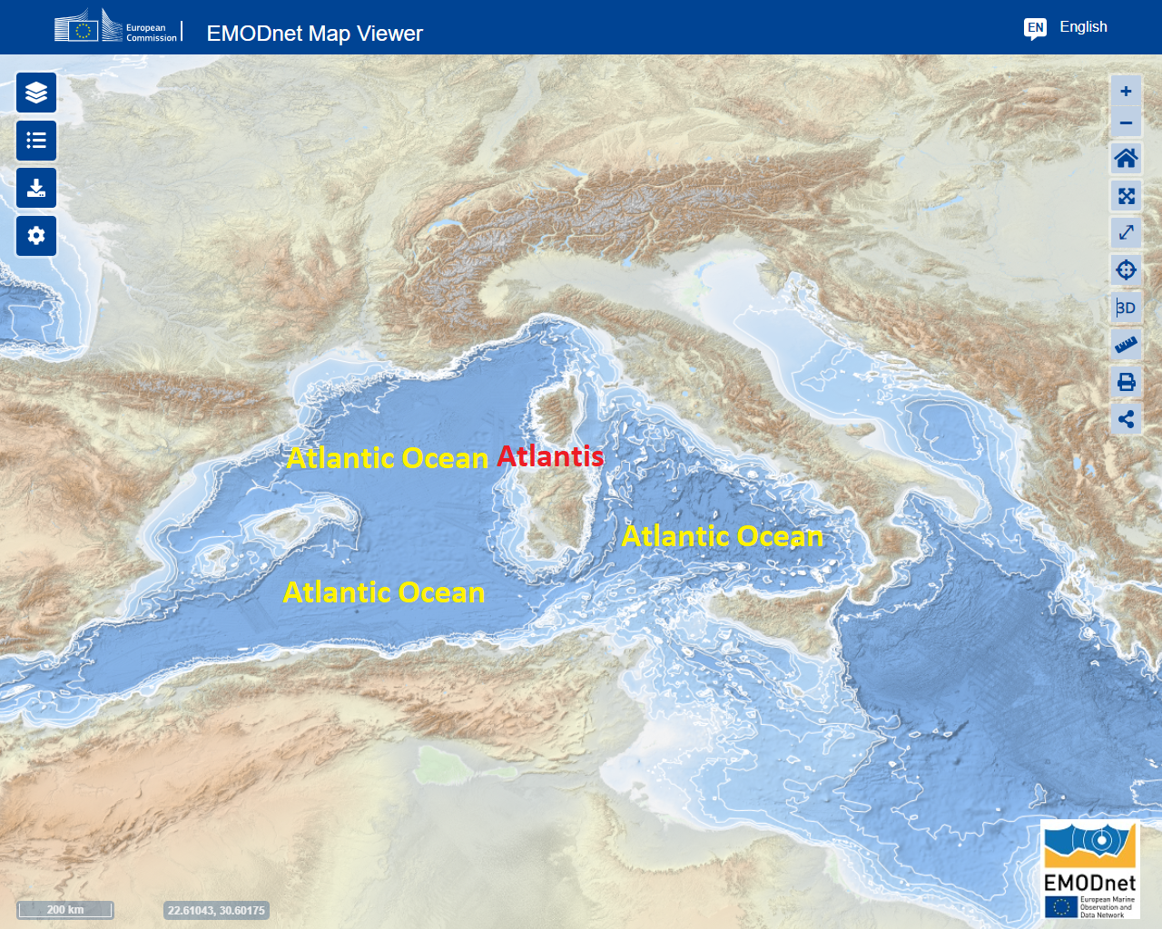 Paleoliittisen Atlantin valtameren kolmiulotteinen syvyys, joka tunnetaan nykyään nimellä Välimeri