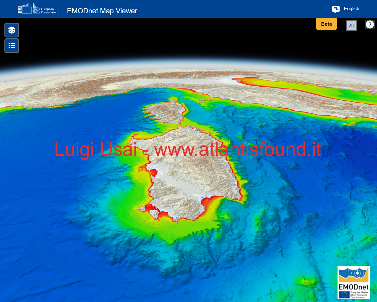 Atlantide, en vert le contour de la mythique île d'Atlantide, formée par le bloc sardo-corse semi-submergé et ses paléocoasts